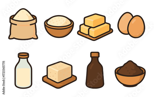 Cartoon icons of baking ingredients including sugar, butter, eggs, milk, flour, tofu, syrup, and cocoa