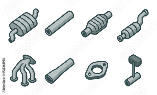 Car exhaust components illustration: muffler, catalytic converter, manifold, resonator, exhaust pipe