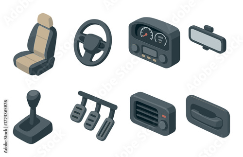 Car interior components: steering wheel, dashboard, seat, gear shift, pedals, rearview mirror