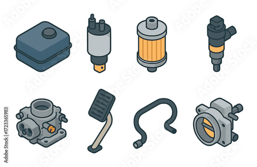 Vector illustration of automotive parts set including fuel pump, air filter, carburetor, throttle, pedal, hose, solenoid