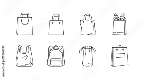 Collection of various shopping bags and backpacks in a sketched silhouette style