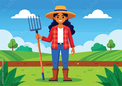 A female farmer is standing proudly in the field, wearing a wide-brimmed straw hat, a checkered shirt, and rolled-up jeans. Her boots are slightly muddy, showing she has been working on the land.