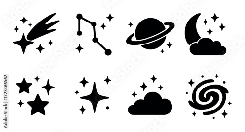 Celestial icons: comet, constellation, saturn, moon, and stars silhouettes