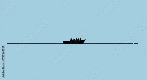 People in silhouette on a small boat sailing across a vast, clear blue expanse