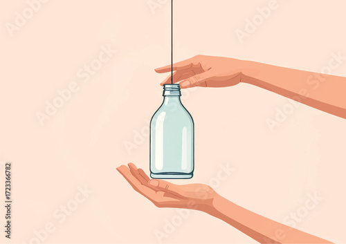 Vector illustration of two hands gently holding a bottle, clean minimalist style with smooth outlines and soft pastel colors.