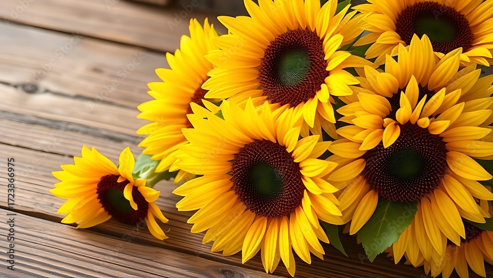 Fototapeta premium Close-up of vibrant sunflowers on a wooden surface, radiating warmth and rustic charm.