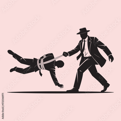 Silhouette of man in suit and hat dragging another man tied with rope vector