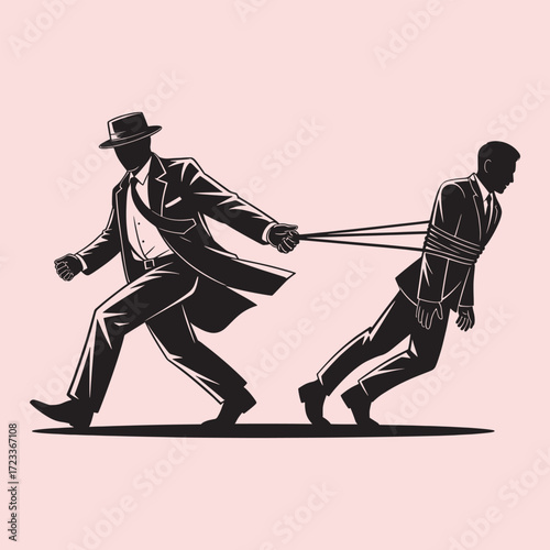 Black silhouette of a man in a suit and hat pulling another bound man with ropes vector