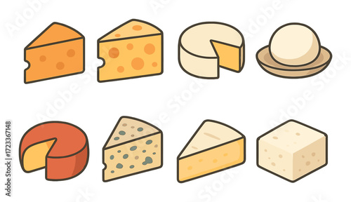 Various cheese types: cheddar, swiss, brie, gouda, blue, feta, edam, mozzarella