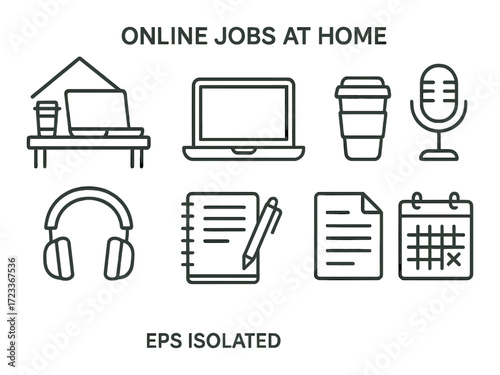 Work from home essentials: desk, laptop, coffee, microphone, headphones, notebook, documents, calendar