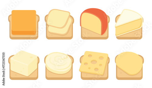 Variety of cheeses on bread: cheddar, brie, swiss, and more