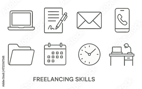 Essential freelancing skills: laptop, documents, communication, time management, organization