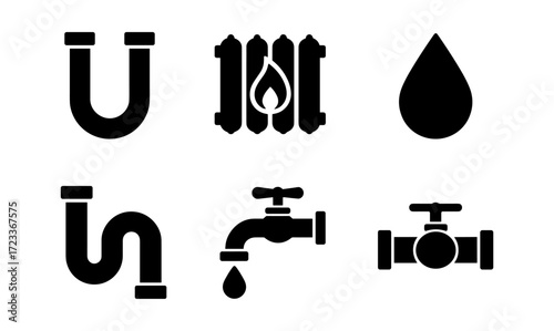 Plumbing elements set featuring pipe, radiator, water droplet, tap, and valve icons for design and instructional use