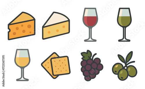 Cheese, wine, and snack icons on gradient background