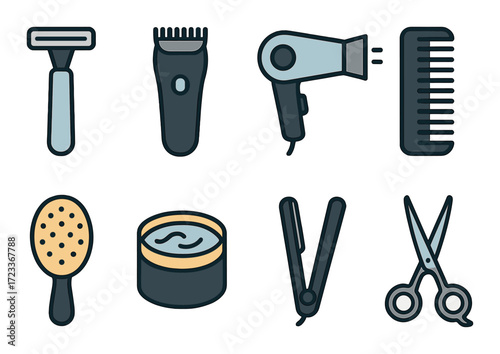 Icon set of hair styling tools: razor, clipper, dryer, comb, brush, pomade, straightener, scissors