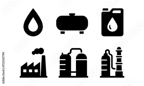Energy industry icons set: simplified black design for industrial and environmental concepts