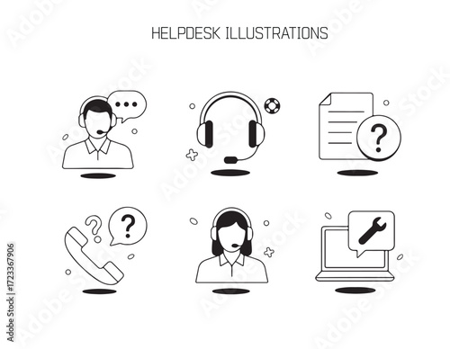 Helpdesk Illustrations: Engaging icons of communication specialists with headphones provide assistance and solutions with chat bubbles and helpful symbols for inquiries.