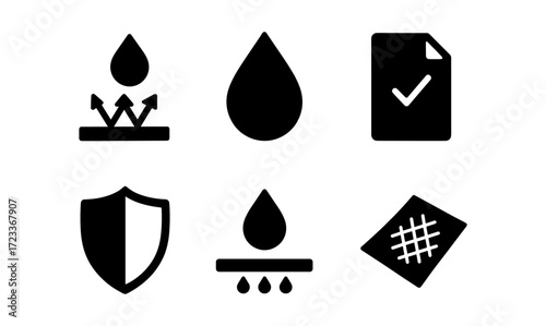 Waterproof fabric icon set for design and illustration featuring protection and durability symbols