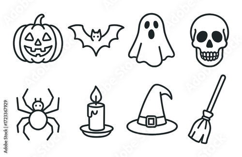 Halloween icons: pumpkin, bat, ghost, skull, spider, candle, witch hat, broom