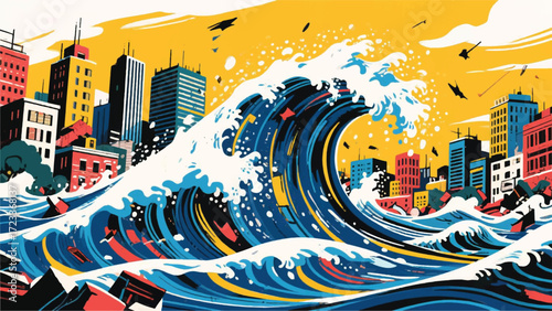 Tsunami On The City Illustrator Artwork Banner Background Design Template 