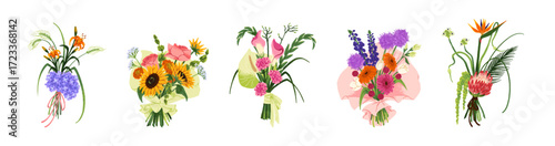 Set of different bouquets. Elegant posies with ribbons. Bunches of Calla lilies, sunflowers, roses and peonies. Bloom branches of flowers, wildflowers. Flat isolated vector illustrations on white.