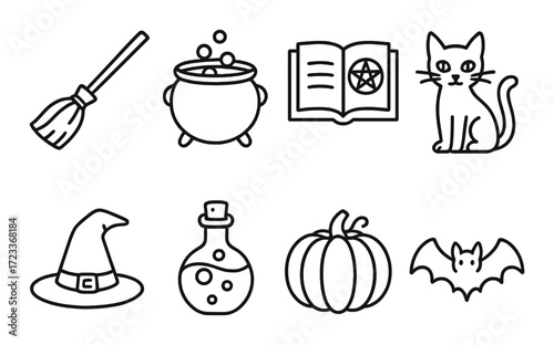 Halloween symbols: broomstick, cauldron, spellbook, cat, witch hat, potion, pumpkin, bat