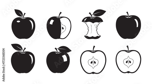 Collection of black apple silhouettes showing whole halved and eaten apples silhouette