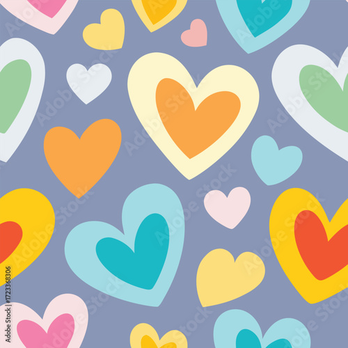Vibrant hand drawn hearts pattern in a rainbow of cheerful colors, Colorful Heart Pattern Vector Art Illustration