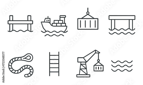 Metallic harbor icons: ships, cranes, containers, waves, rope, ladder