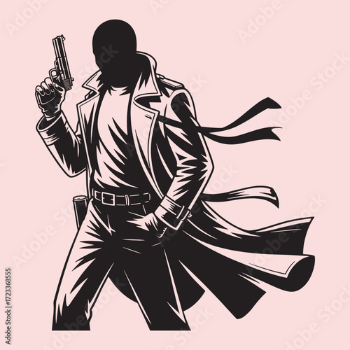 Black silhouette of a man in a trench coat holding a handgun pistol