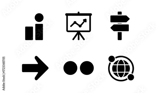 Minimalist vector icon set featuring graph, arrow, signpost, compose tools for design and presentation projects