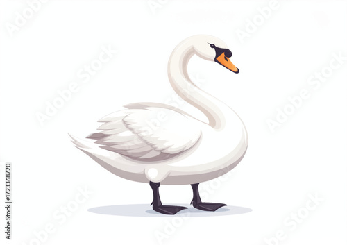 A graceful swan glides smoothly across a calm lake, its pure white feathers glowing in the soft light. Its long neck forms a gentle curve, while ripples spread out behind it on the still water.