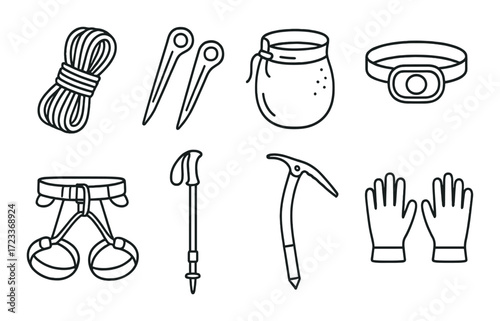 Essential climbing gear: rope, harness, headlamp, pitons, chalk, gloves, ice axe