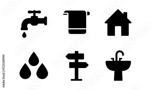 Minimalist vector icons set with home, bathroom fixtures, direction signs, and water drops for design projects