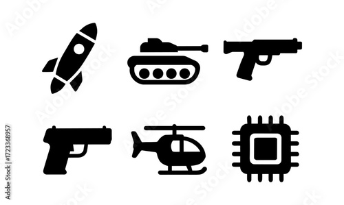 Military icon set with rocket, tank, guns, helicopter, and microchip for design projects