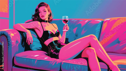 Sitting Woman With Glasswine Illustrator Artwork Banner Background Design Template 