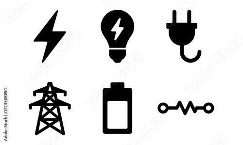 Electric power icons collection for energy and technology design projects