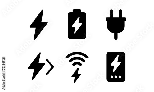Electronics essentials icons set featuring plug, battery, and electric symbols for technology design