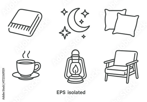 Cozy essentials: blanket, moon, stars, pillows, tea, lantern, chair icons