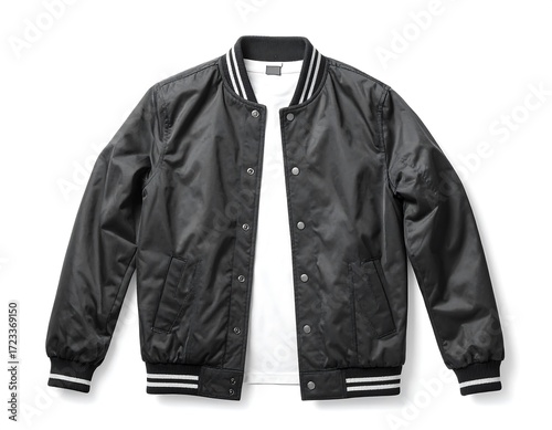 Modern black bomber jacket with crisp white t-shirt layered underneath, showcasing sporty stripes and a clean, professional look for fashion brands.