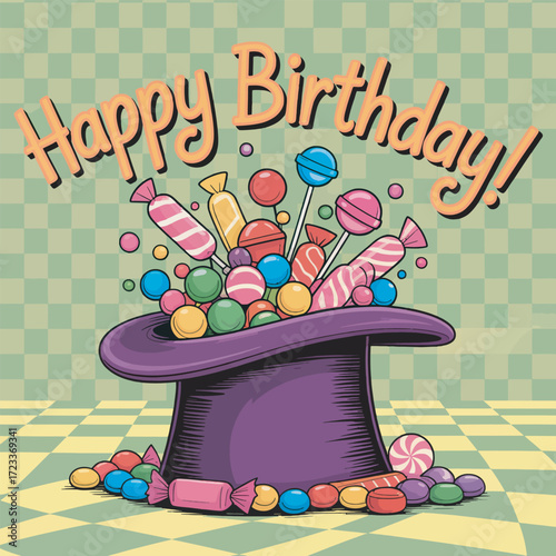 Happy Birthday Hat Overflowing with Candy, Colorful Celebration Design for Greeting Card