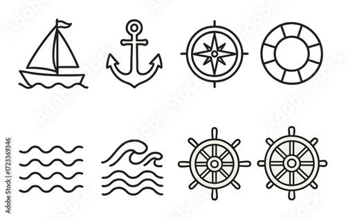 Nautical symbols: sailboat, anchor, compass, lifebuoy, waves, ship wheel