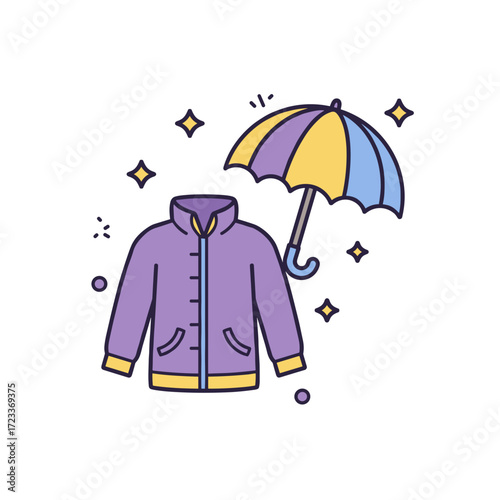 Rain jacket with umbrella, autumn weather clothing and protection symbol