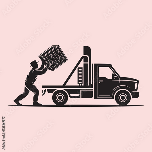 Black silhouette of a man in a hat pushing a wooden crate onto a flatbed truck cargo delivery