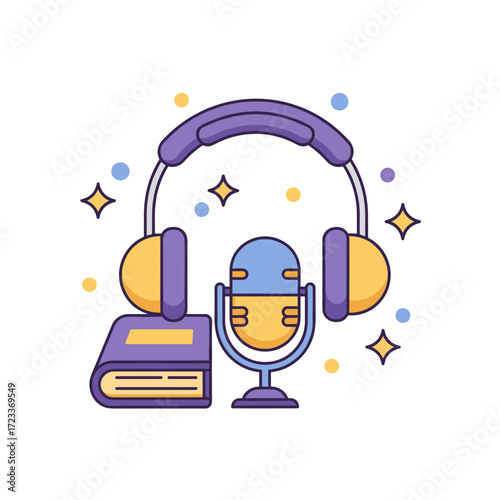 Podcast and audiobook vector illustration with microphone, headphones, and book, digital media technology concept