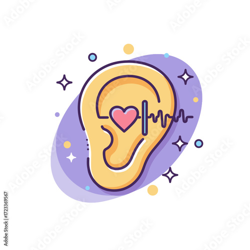 Ear with heart and sound wave, hearing health and medical care symbol