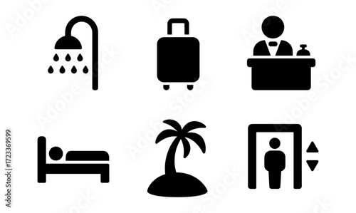 Travel and hospitality icons set for design: shower, suitcase, reception, bed, palm tree, elevator