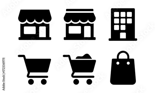 Shopping icons set featuring storefronts, shopping cart, and shopping bag for retail and e-commerce design