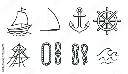 Nautical icons: ship, sail, anchor, wheel, ropes, waves on olive background