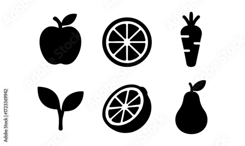 Juicy fruit vector set featuring minimalist apple, orange, carrot, leaf, lemon, and pear icons for design use